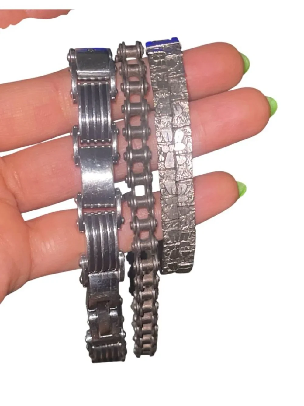 Lot of 3 Men's Industrial Metal Bracelets Motorcycle Chain Link Silver Tone